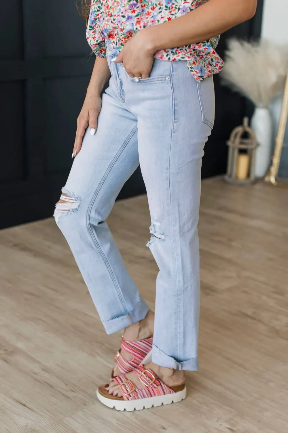 Mid-Rise Tummy Control Straight Leg Distressed Jeans