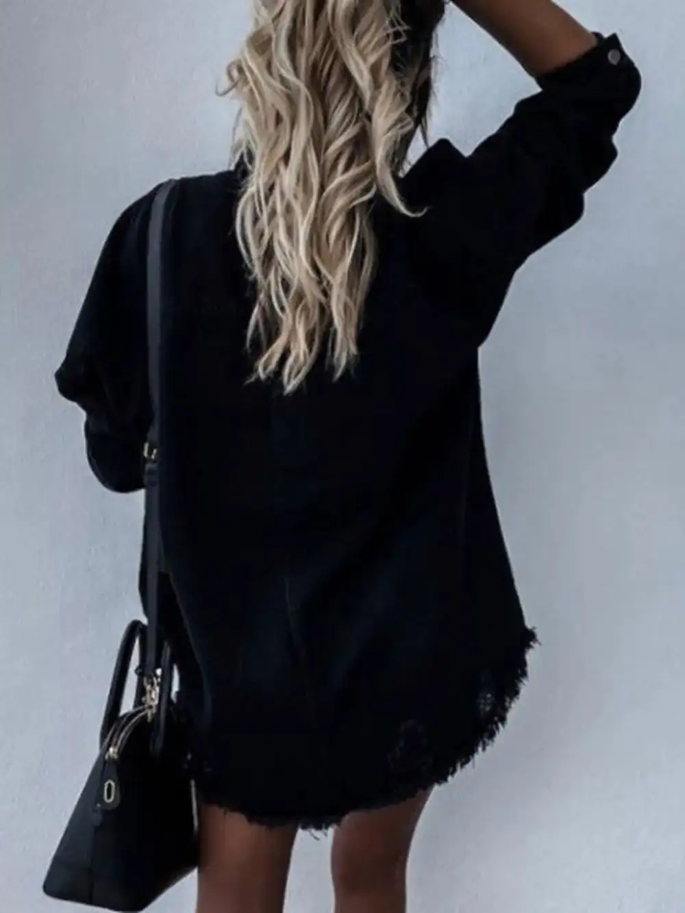 Relaxed Denim Raw Hem Collared Casual Jacket