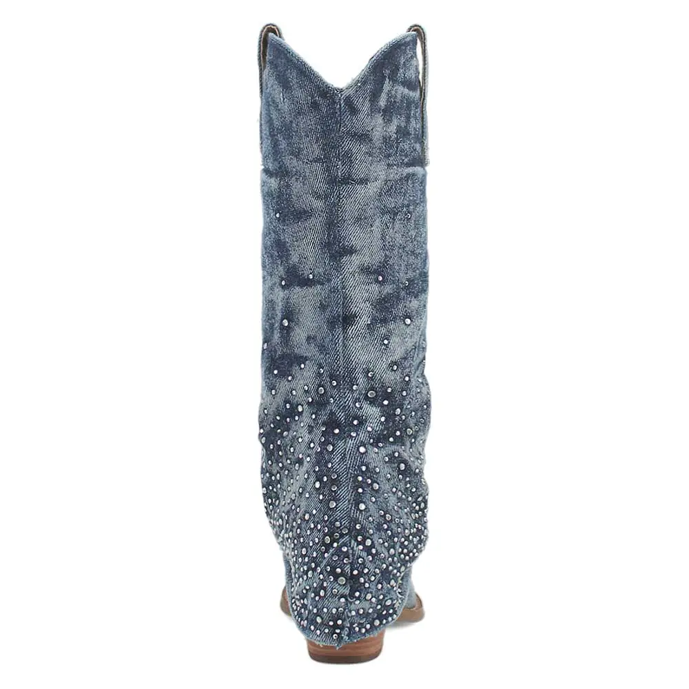 Denim Rhinestone Chunky-Heel Platform Western Boots