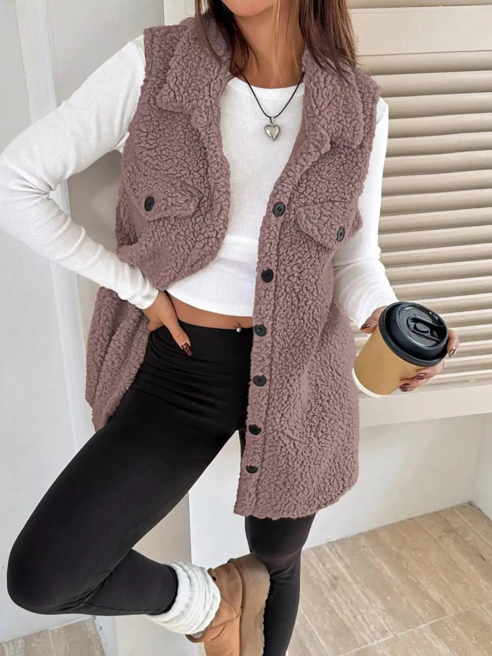 Button Down Sherpa Fleece Vest Coat