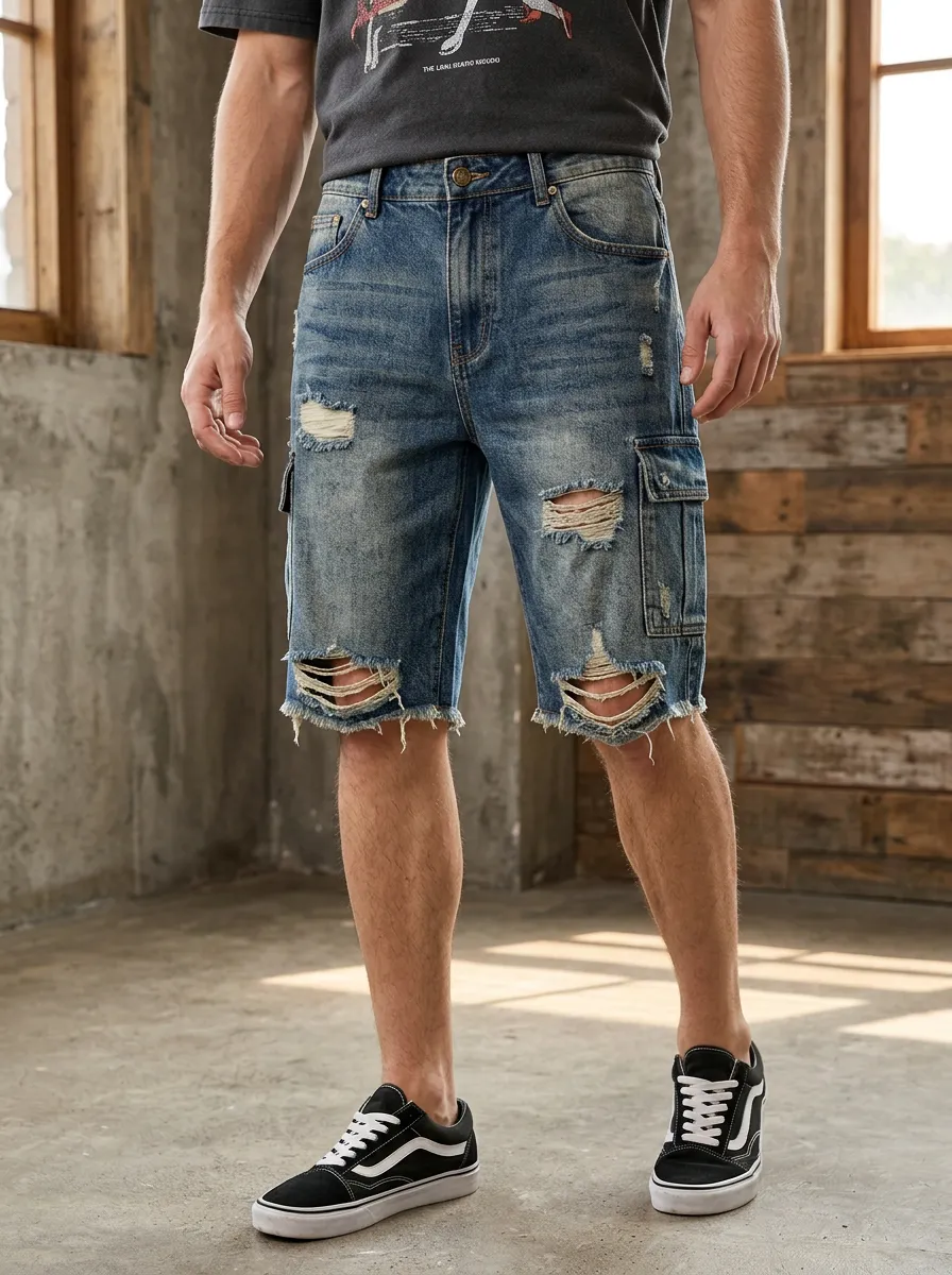 Men's Distressed Cargo Denim Ripped Shorts