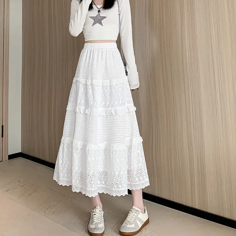 Streamlined Lace Pleated High Waist A-Line Midi Skirt
