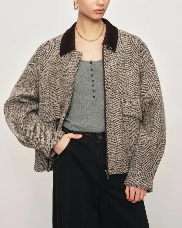 Striped Hooded Tweed Baseball Jacket