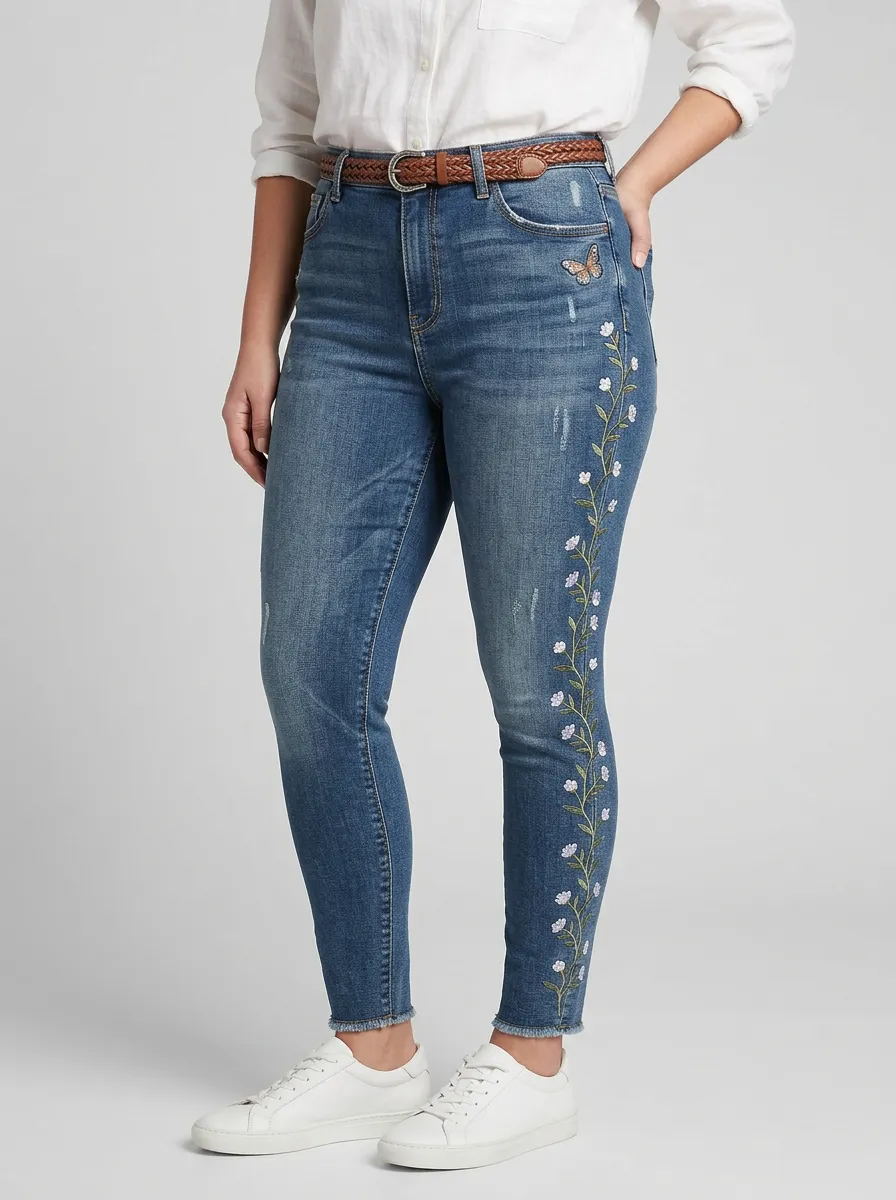 Women's Floral Butterfly Nature Embroidered Printed Slim Jeans