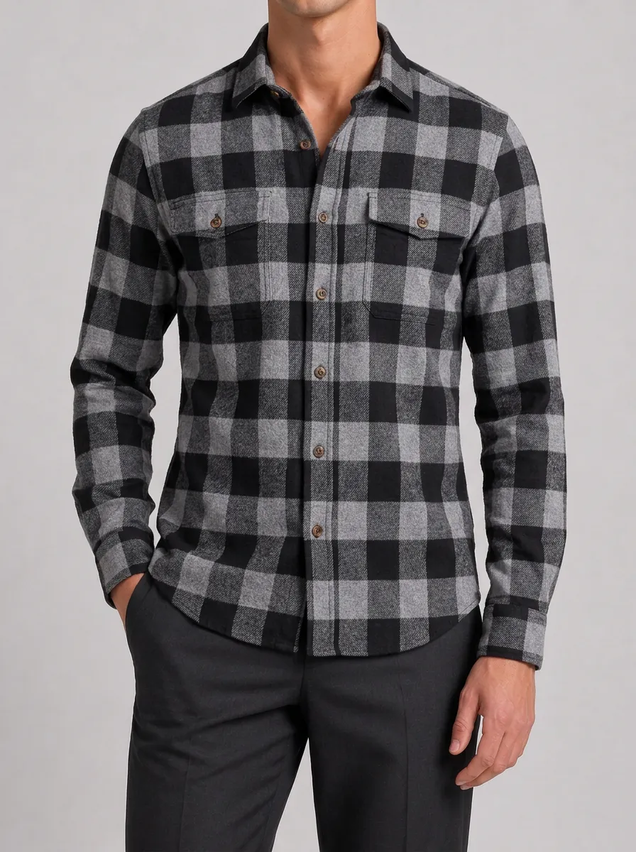 Men's Casual Style Grey Black Buffalo Plaid Pattern Long Sleeve Shirt