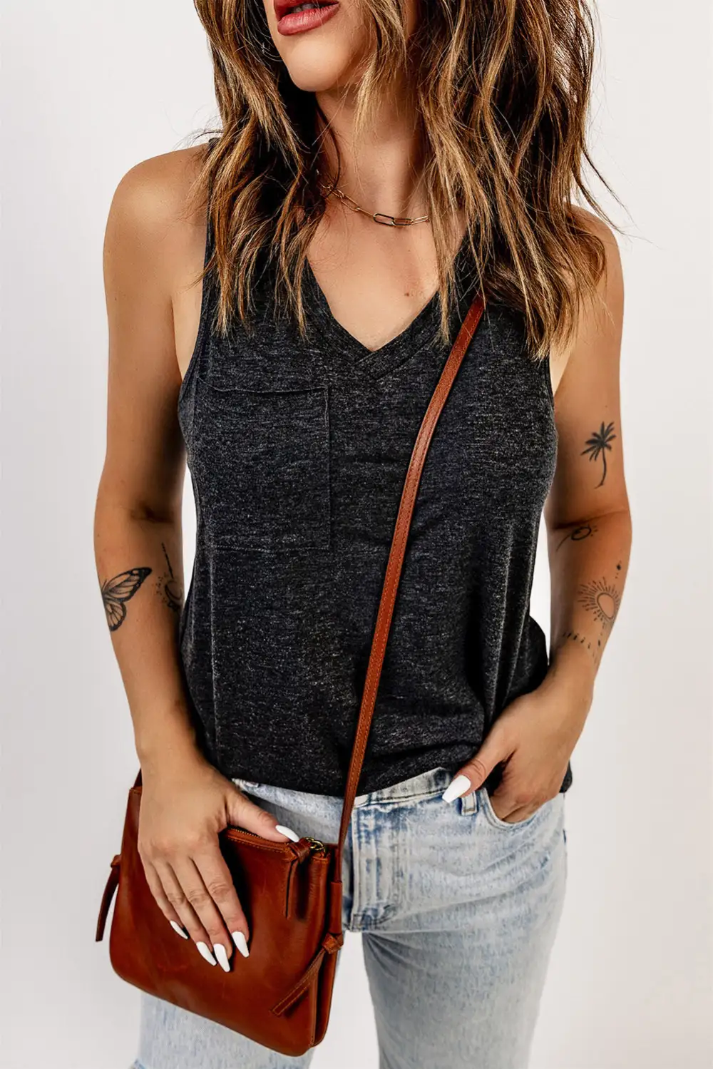 V Neck Racerback Tank Top Pocket