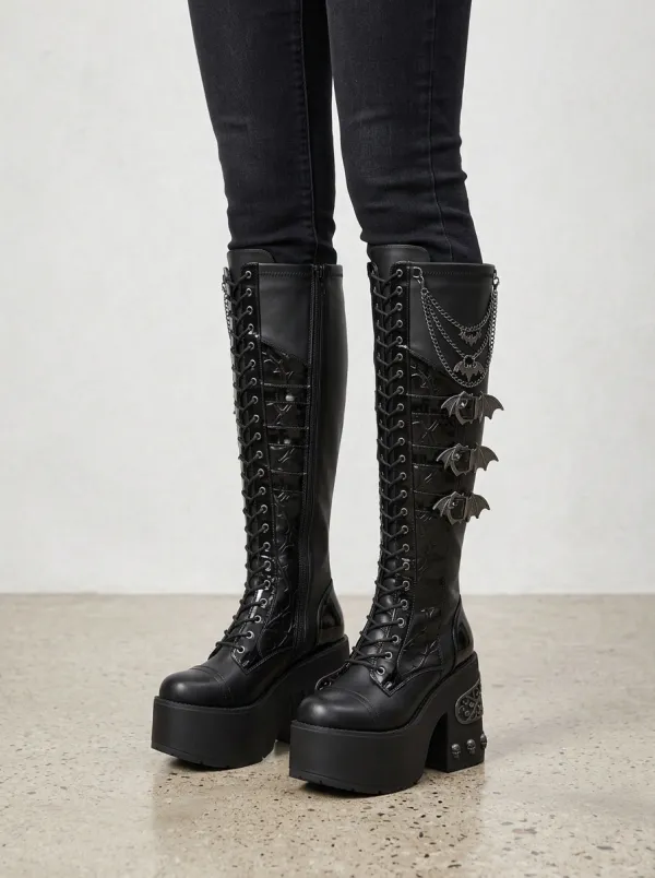 Classic Gothic Skull Bat Chain Finish Women's Gothic Platform Knee High Boots