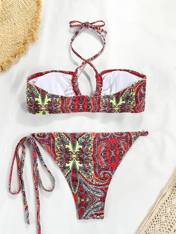 Polka Dot Print Split Bandeau Bikini Swim Set