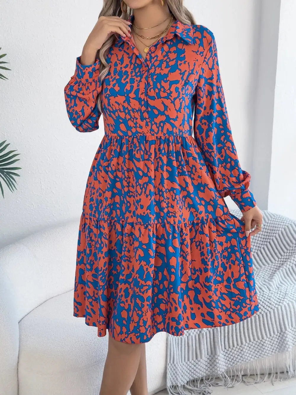Printed Long Sleeve Collared Dress Casual