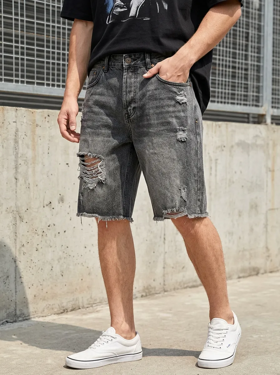 Men's Washed Raw Hem Denim Shorts with Five Pocket