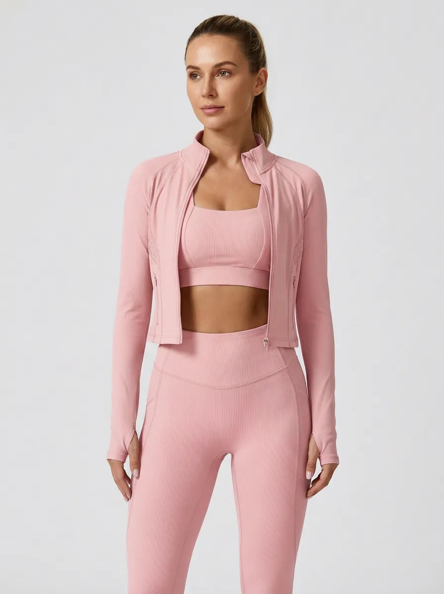 Utility Ribbed Texture Seamless Design Style Women's Three Piece Activewear Set