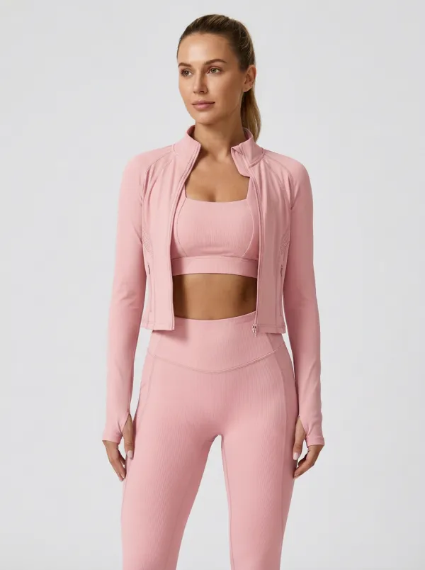 Utility Ribbed Texture Seamless Design Style Women's Three Piece Activewear Set