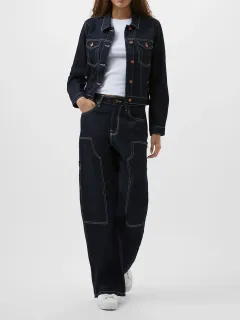 Cotton Contrast Dark Denim Long-Sleeved Jacket