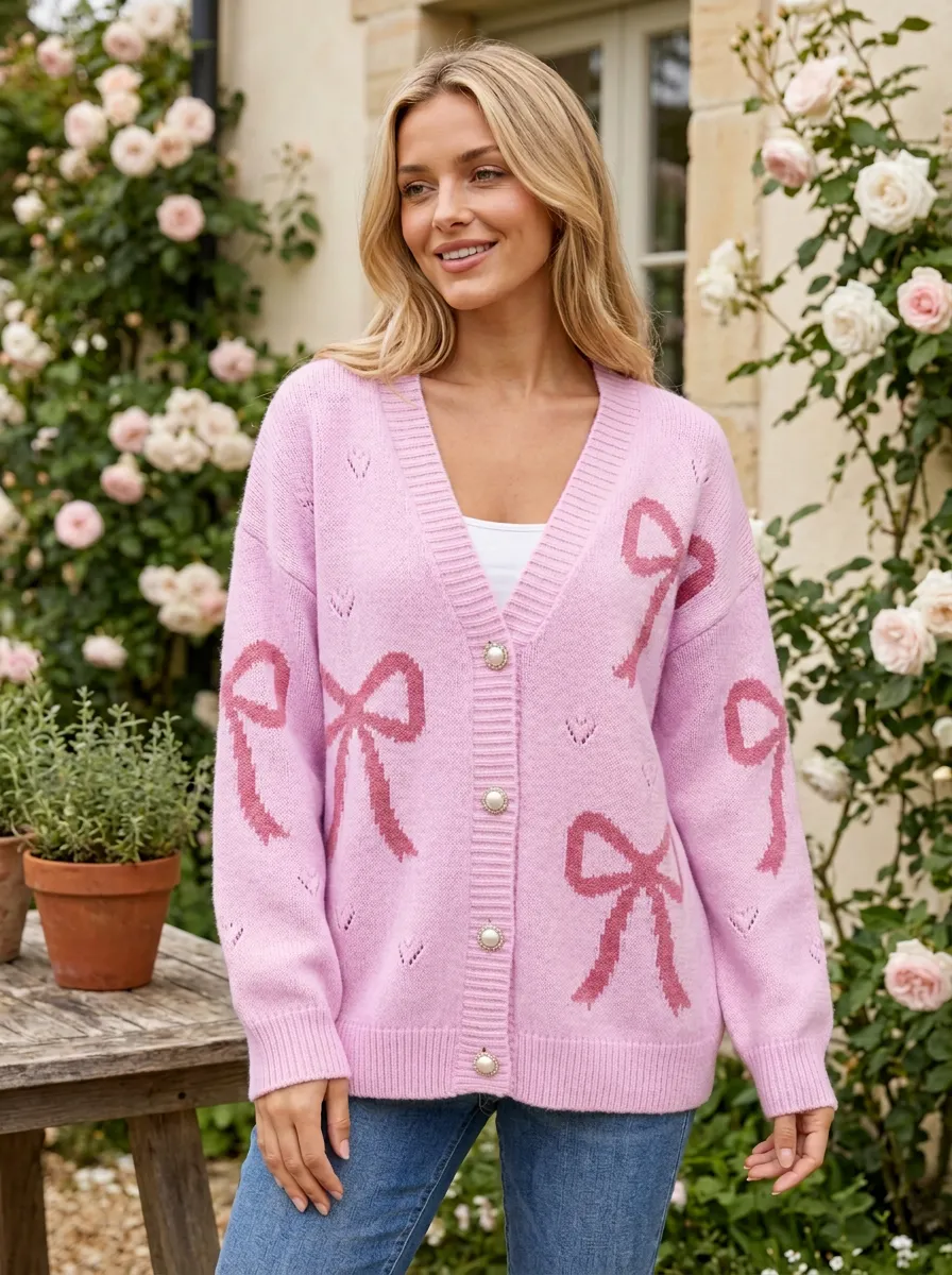 Women's Romantic Coquette Ribbon Bow Romantic Printed Cardigan