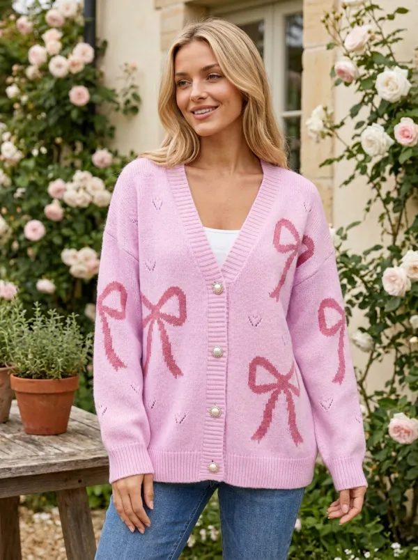 Women's Romantic Coquette Ribbon Bow Romantic Printed Cardigan
