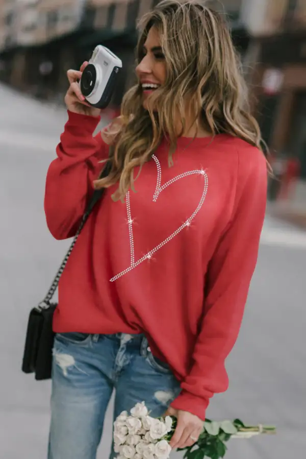 Rhinestone Heart Shaped Long Sleeve Sweatshirt