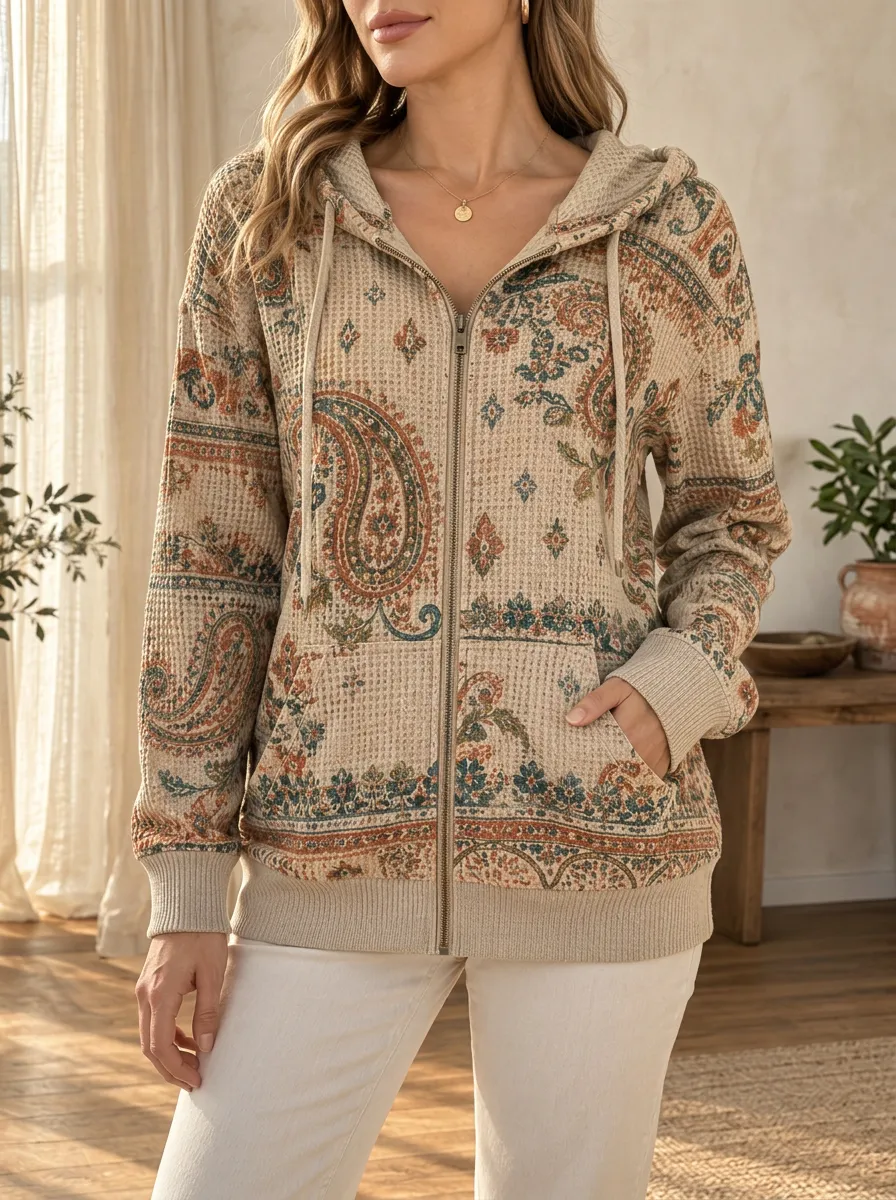 Women's Boho Paisley Artful Motif Waffle Zip-Up Hoodie