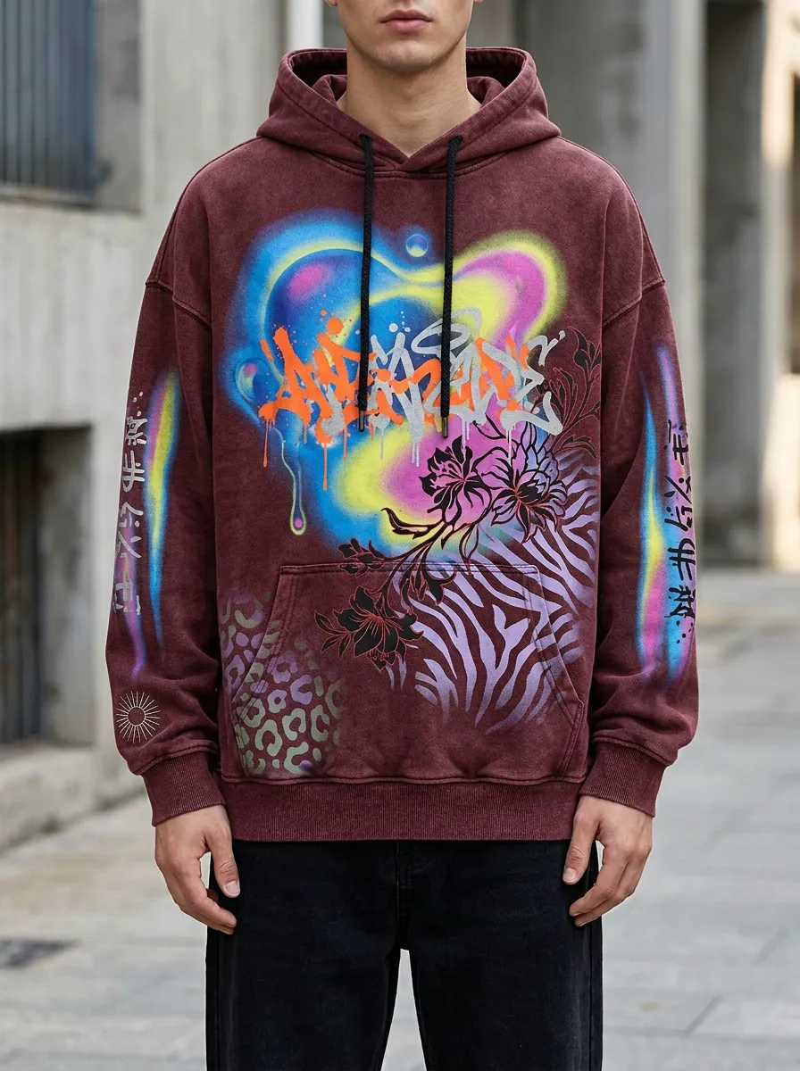 Unisex Streetwear Graffiti Floral Animal Print Washed Graphic Hoodie
