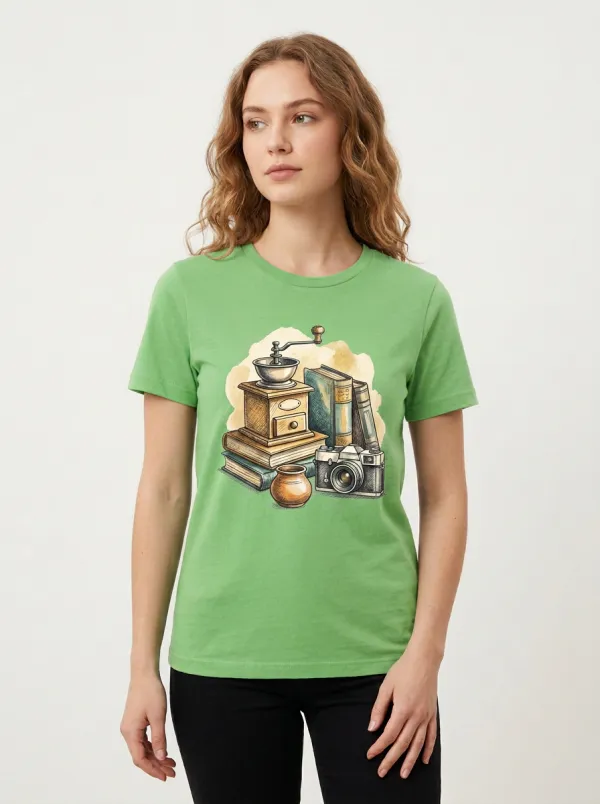 Women's Book-Inspired Coffee Grinder Camera Printed T-Shirt