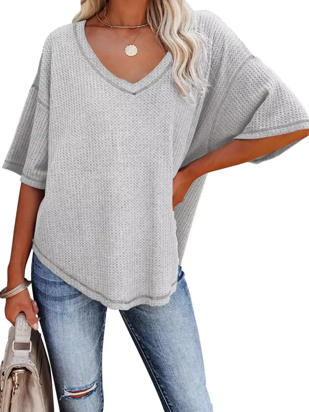 Relaxed V-Neck Short-Sleeve Knit T-Shirt