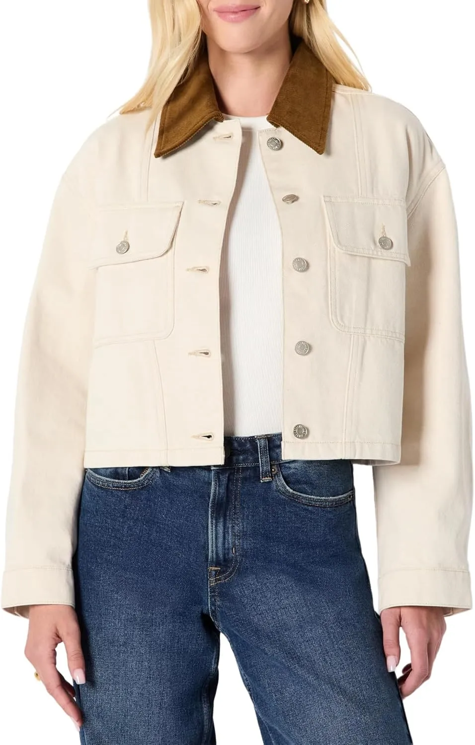 Amazon Essentials Women's Oversized-Fit Cropped Heavyweight Denim Jacket with Contrast Corduroy Collar