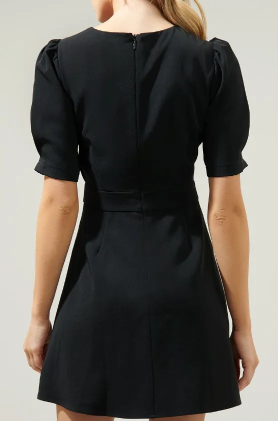 Black Puff Sleeve Belted Mini Dress
