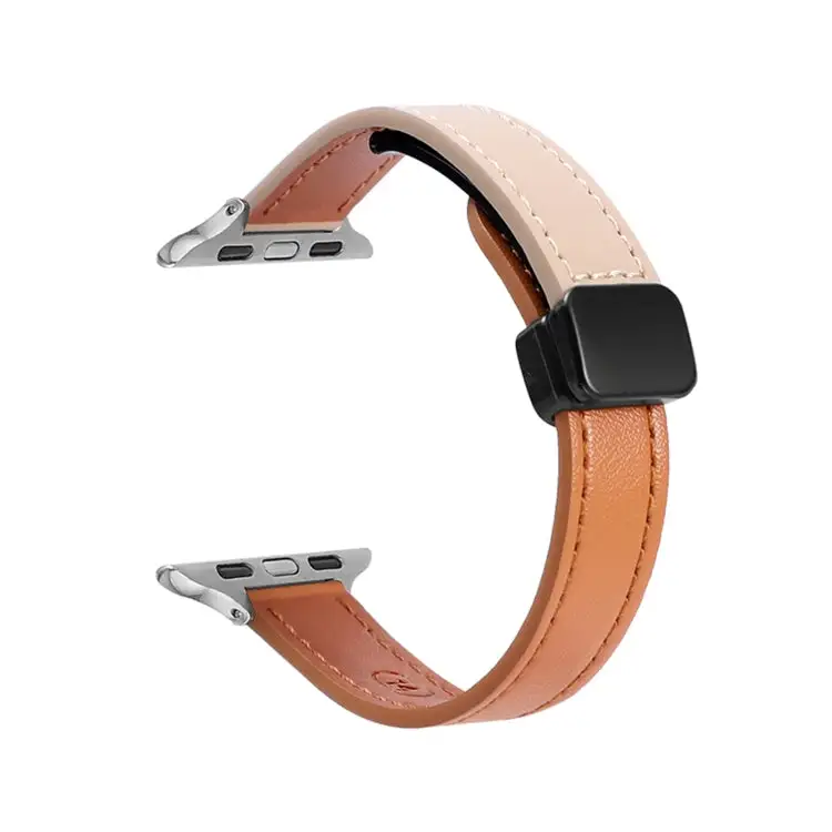 Slim Magnetic Buckle Genuine Leather Watch Band for Watch Series 3 38 mm - Plain Orange Apricot