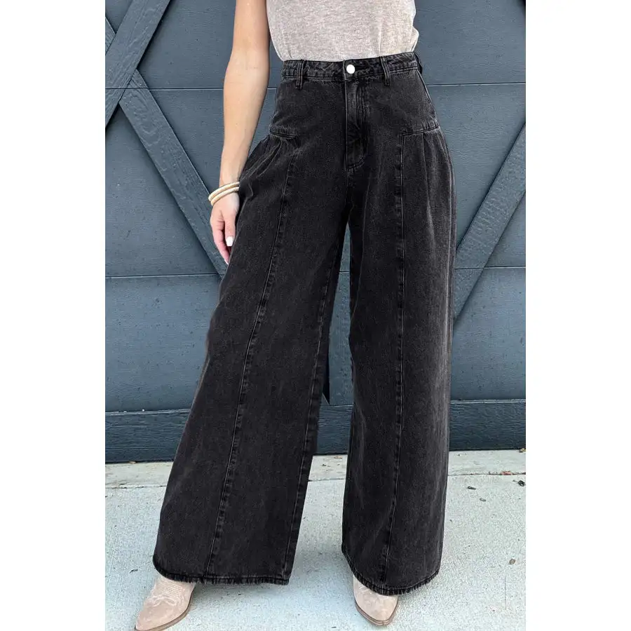 Dark Pleated Wide Leg Mineral Wash Denim Pants
