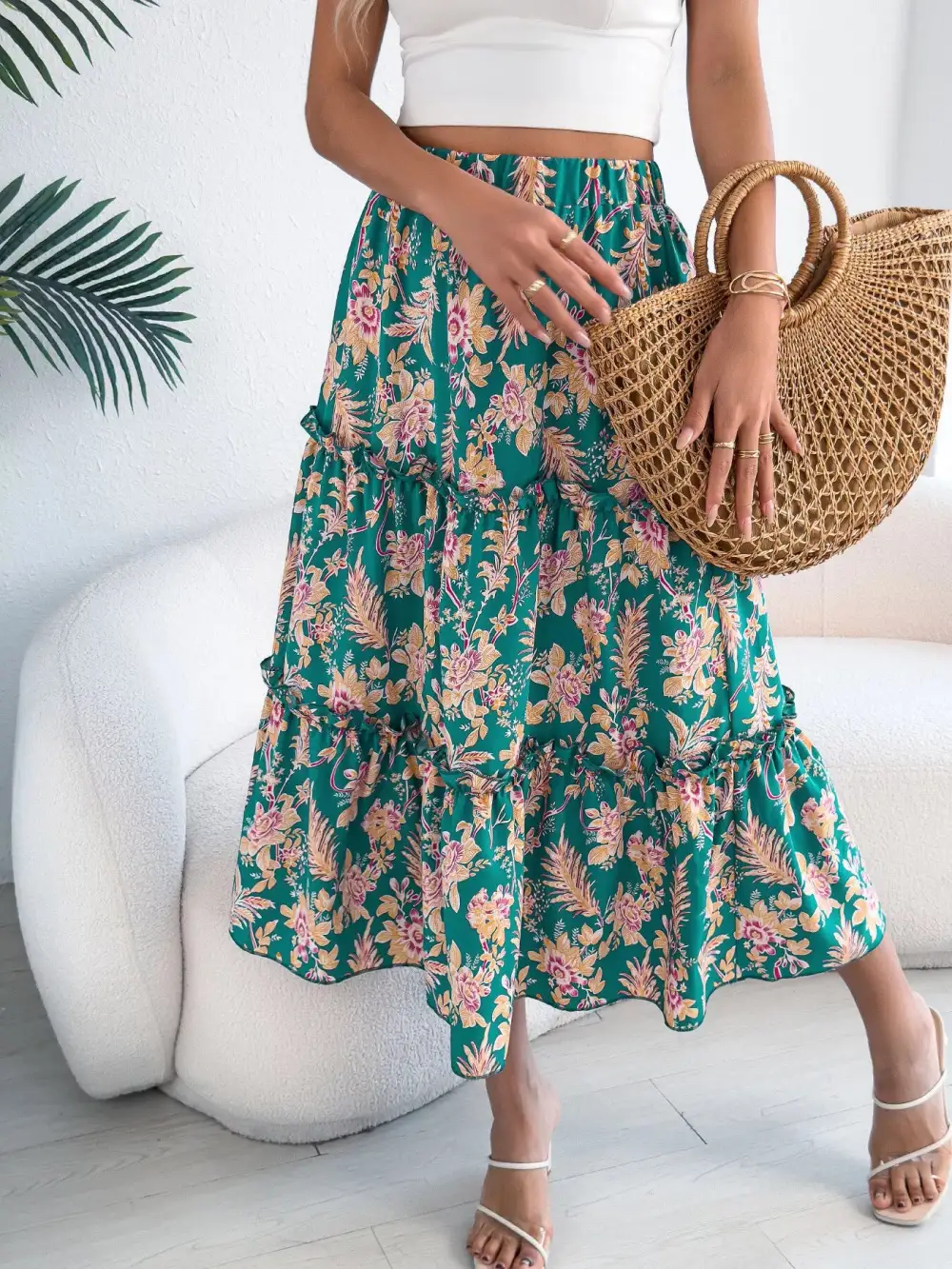 Print Ruffle Hem Flowy Midi Skirt