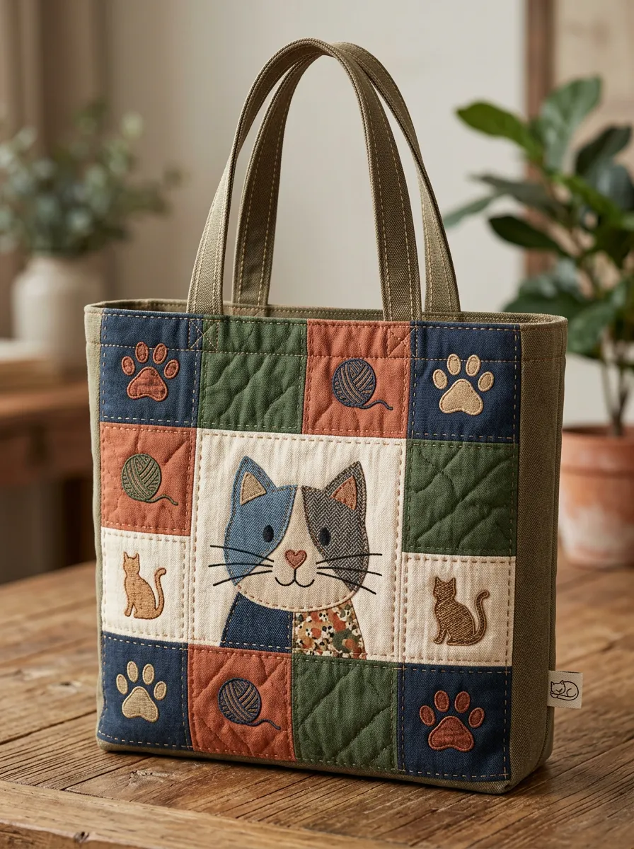 Cat Lover Patchwork Quilt Style Printed Tote Bag