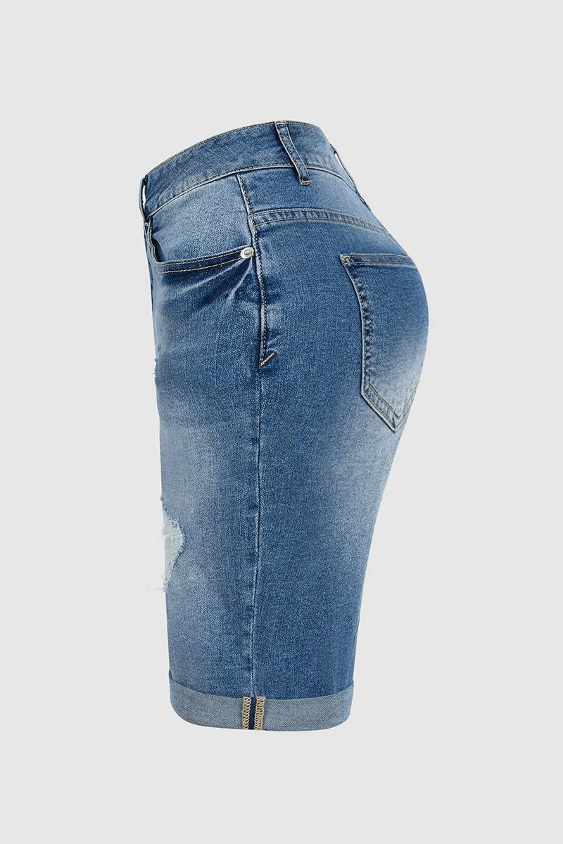 Ripped Lwo Waist Denim Bermuda Shorts
