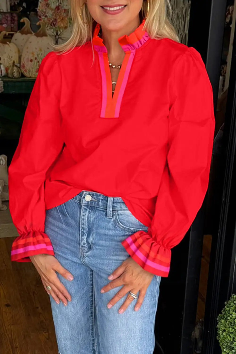 Fiery Red Striped Trim Ruffle Split Neck Long Sleeve Blouse
