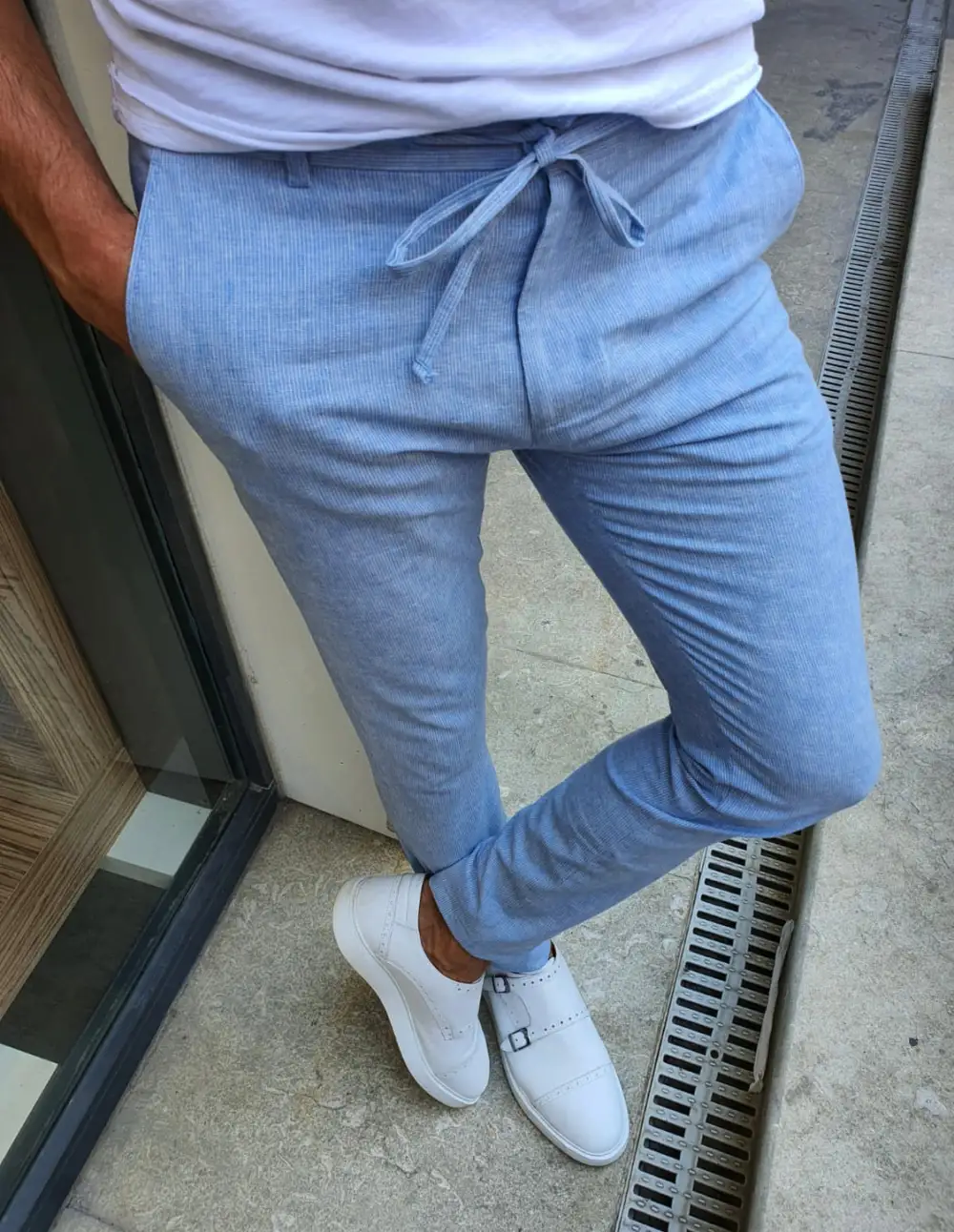 Refined Slim Fit Striped Linen Tailored Trousers