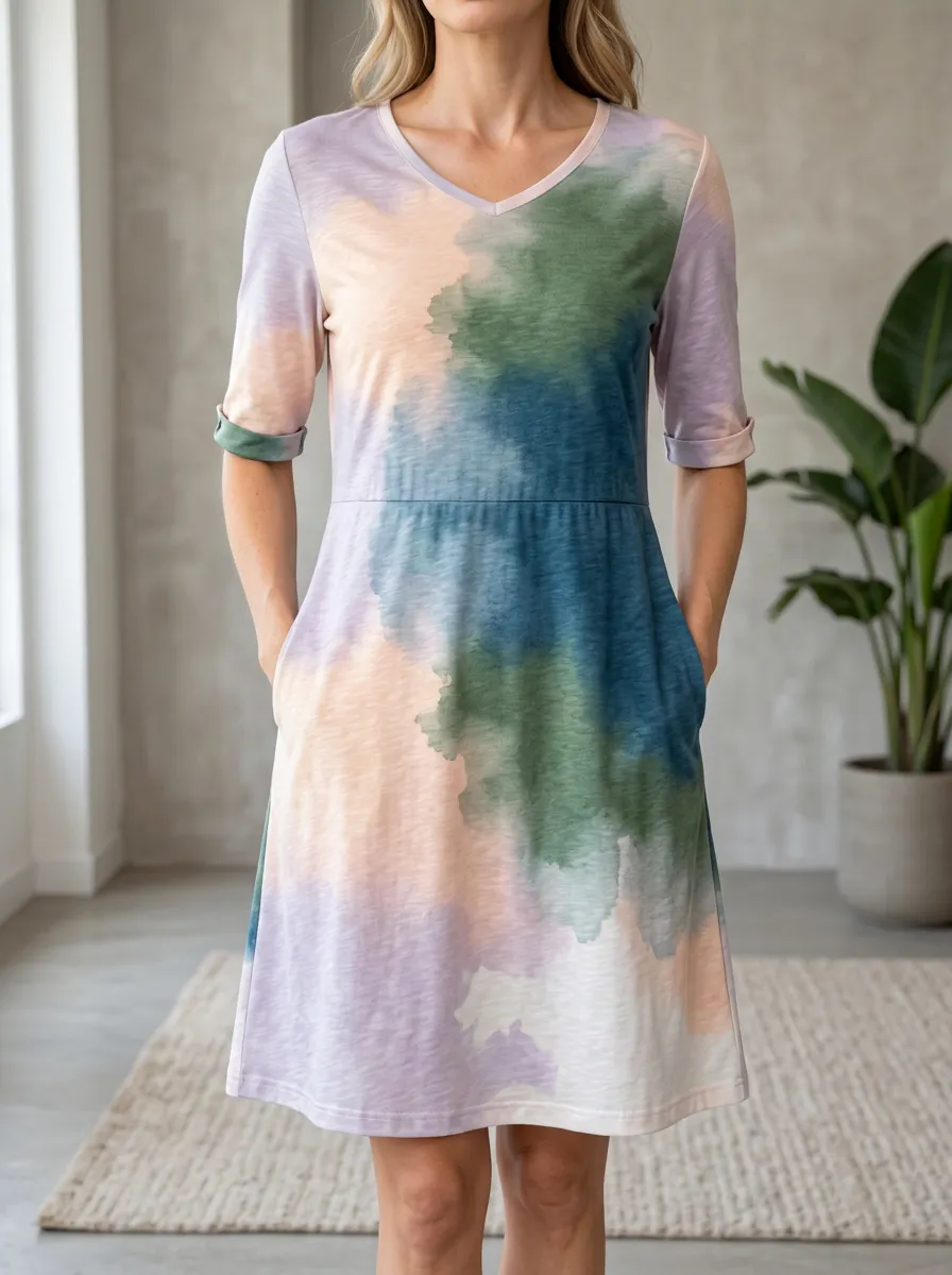 Women's Watercolor Abstract Print V-Neck Pocket Dress