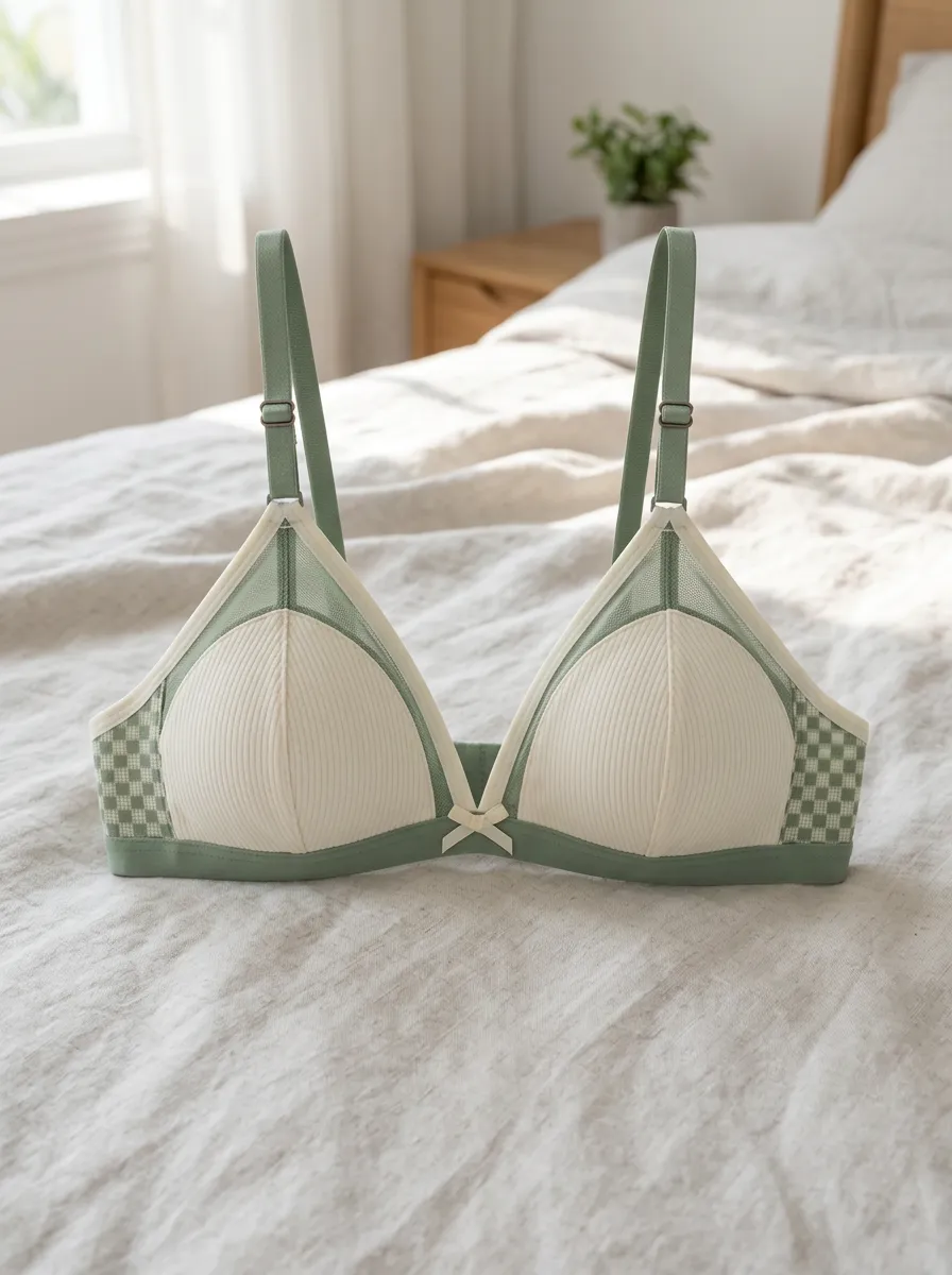 Women's Sage Green Checkerboard Ribbed Mesh Bralette