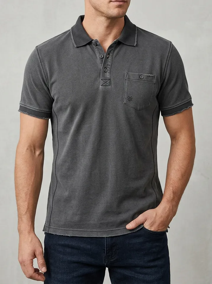 Men's Vintage Washed Charcoal Pocket Polo Shirt