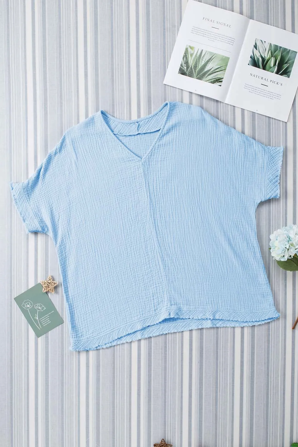 Sky Blue Frayed Batwing Sleeve Blouse