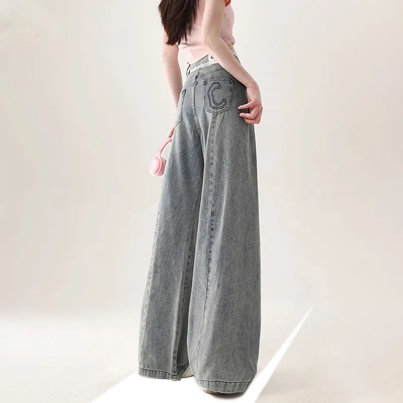 High Waist Wide Leg Lace Trim Jeans