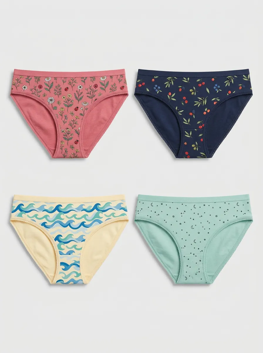 Women's Four-Pair Floral Fruit Wave Star Bikini Brief Set