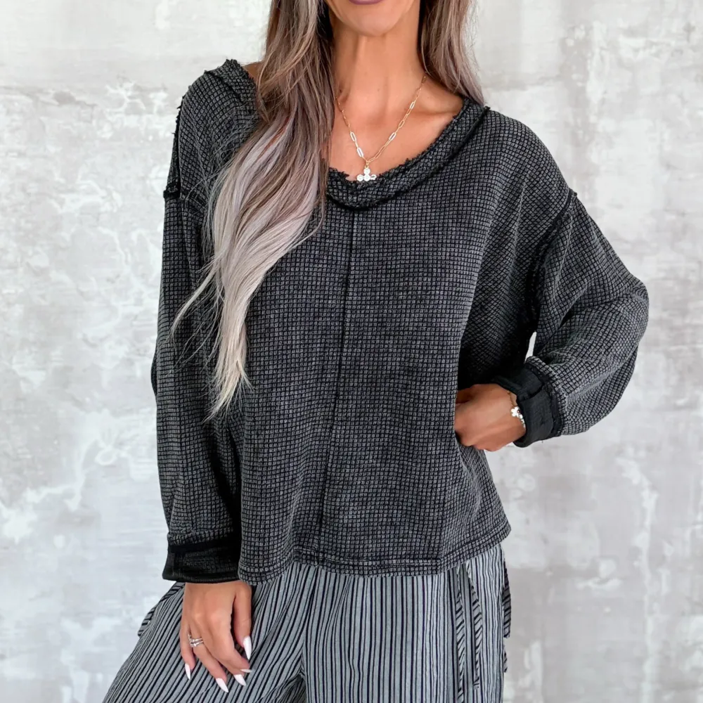 Waffle-Knit V-Neck Long-Sleeve Woven Top