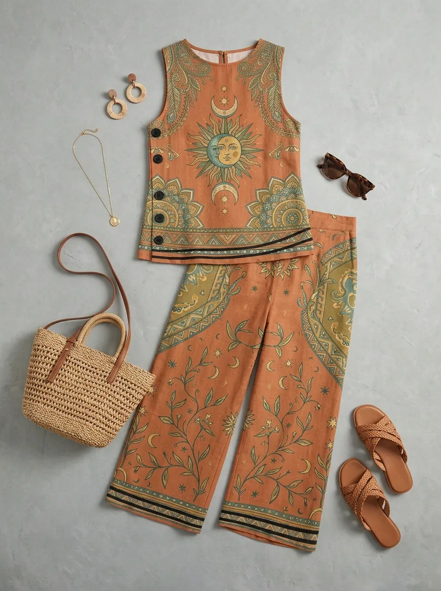 Women's Boho Celestial Sun Moon Printed Sleeveless Set