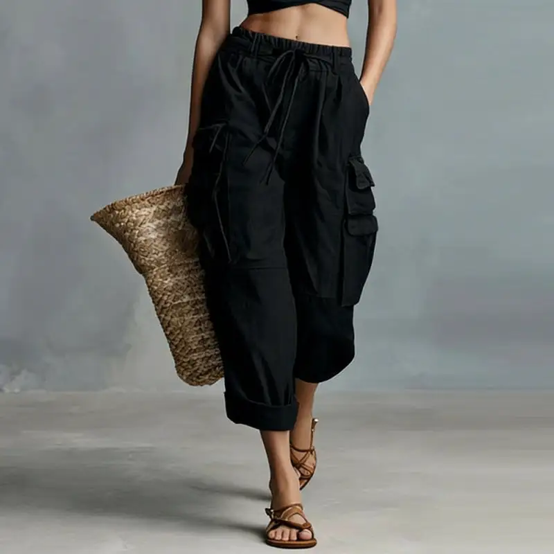Women's Wide Leg Drawstring Pocket Cargo Pants
