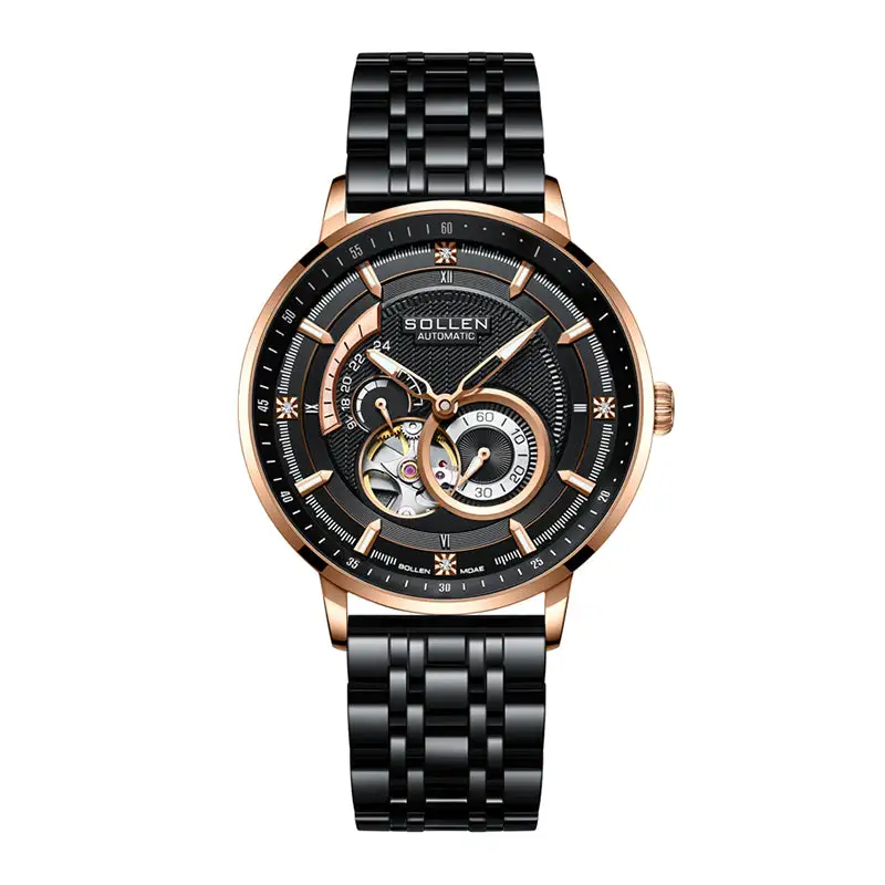 Sollen SL356 Men's Real Diamond Open Heart Automatic Watch - 42mm Stainless Steel Case Slim 9.9mm Sapphire Crystal Miyota Movement Bracelet Wristwatch