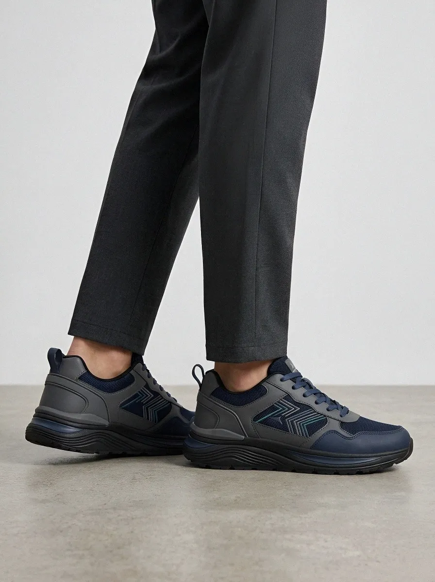 Men's Navy and Grey Paneled Lace-Up Sneakers