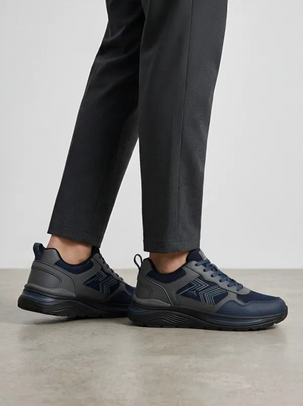 Men's Navy and Grey Paneled Lace-Up Sneakers