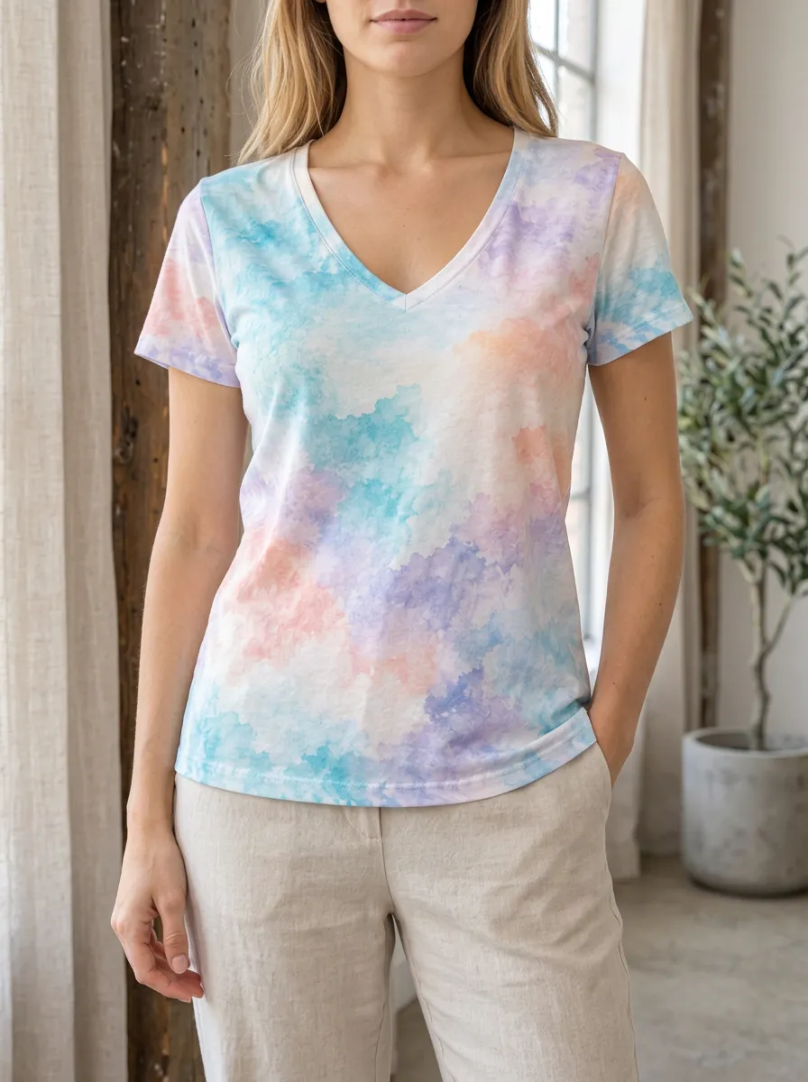 Women's Fresh Pastel Watercolor Tie-Dye V-Neck T-Shirt