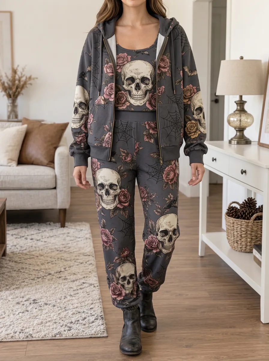 Women's Halloween Gothic Skull Rose Graphic Hoodie Lounge Set