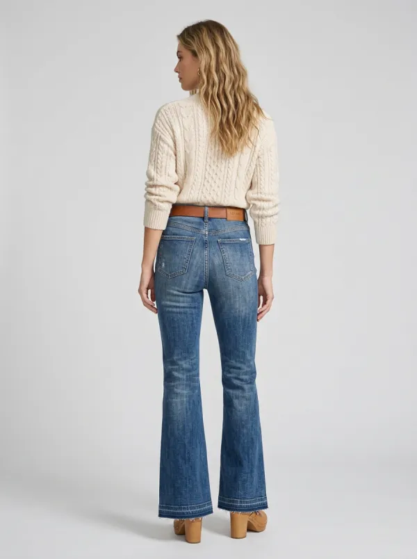 Women's Vintage High-Waisted Distressed Button-Fly Flare Jeans