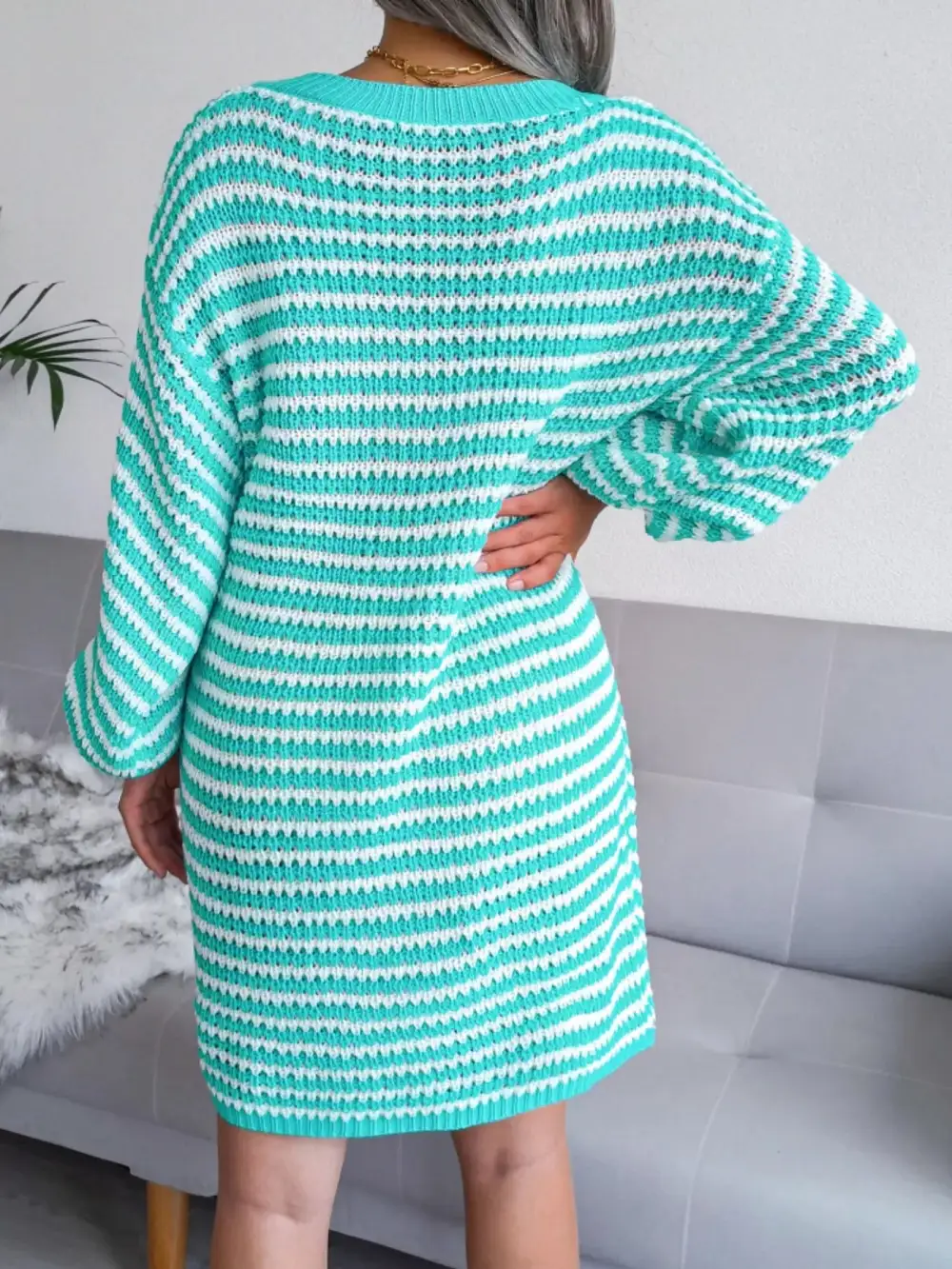 Striped V Neck Long Sleeve Sweater Dress
