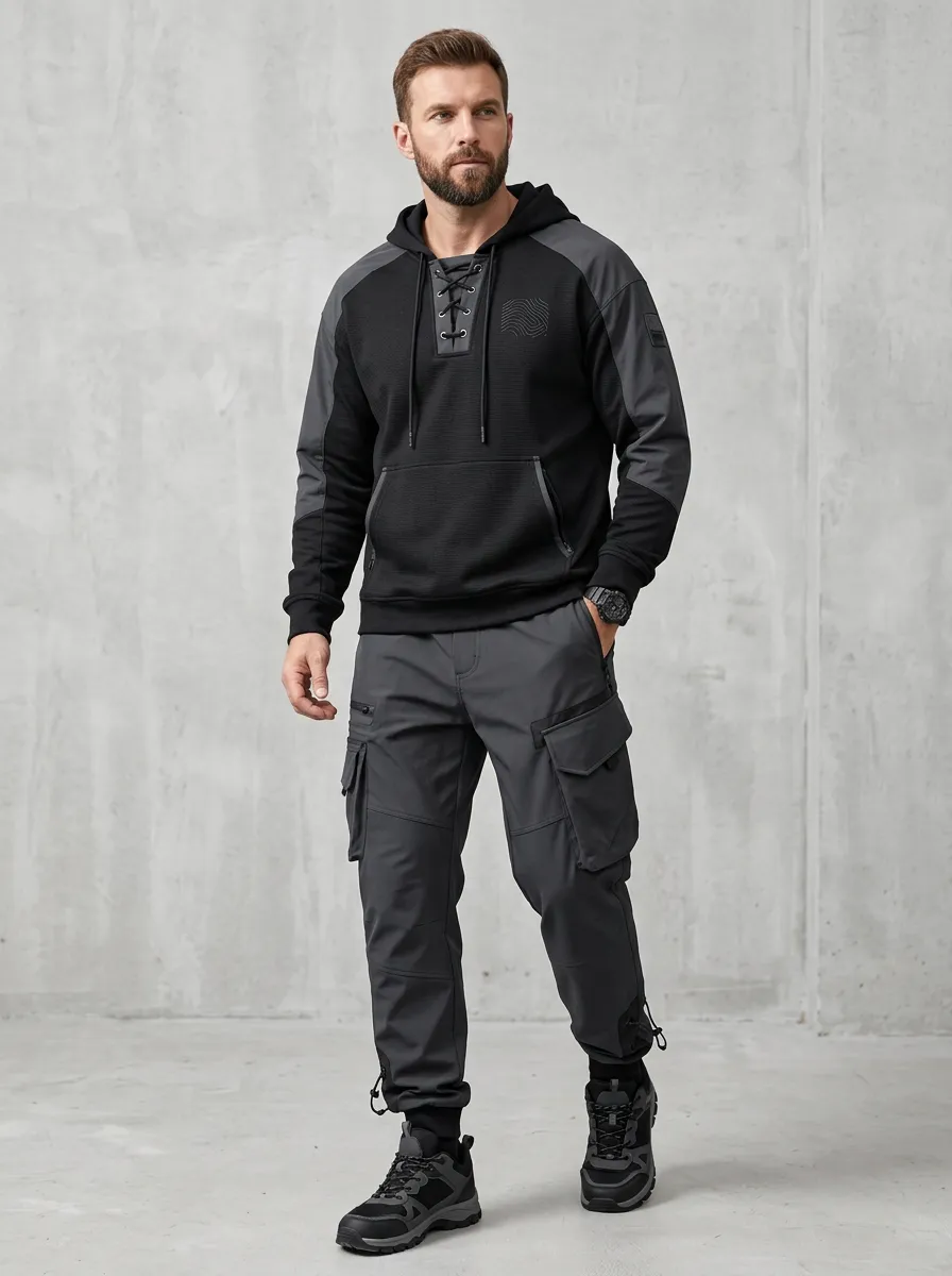 Daily Lace-Up Multi Pocket Detail Men's Lace Up Hoodie And Cargo Jogger Set